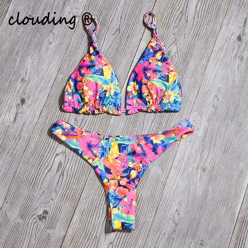 

Women's Separate Swimsuit High Waist Bikini Set Floral Print With Wire Push Up Womenswear Sexy Backless Beach Wear