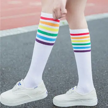 

Women Girls Cotton Rainbow Colorful Striped Knee High Socks Autumn Breathable Ribbed Knit Stay Up Sports Tube Hosiery Stockings