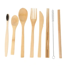 2-Pack Bamboo Utensils with Bonus 2 Bamboo Toothbrushes Bamboo Straw,Spoon,Fork,Knife,Teaspoon, Chopsticks, Brush and 2 Green St