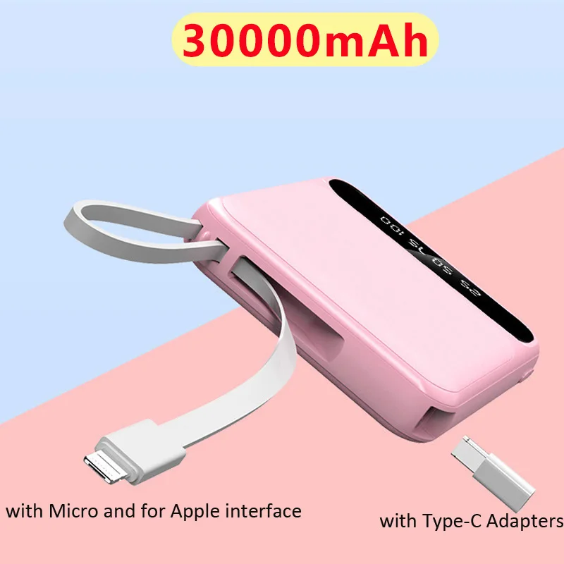 50000mAh Mini Power Bank with Digital Display Portable Charge Powerbank Built In Cables External Battery Fast Charger For iPhone power bank