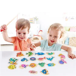 Conjunto de brinquedos de pesca magnética de madeira, jogo interativo pai filho, bebê hands on jogo, desenhos animados vara de pesca animal cognição