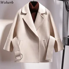 Woherb/женское Короткое шерстяное пальто с поясом, куртка с длинным рукавом, Корейская накидка, пальто, верхняя одежда, куртки, повседневное осенне-зимнее элегантное пальто