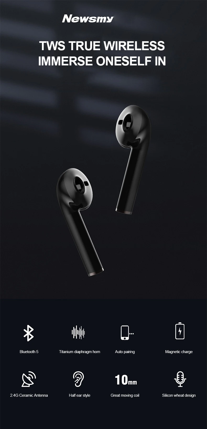 Newsmine X6 True Wireless Bluetooth 5.0 Earphone Black Portable Sports Touch Control Earbuds Support Separate Connections
