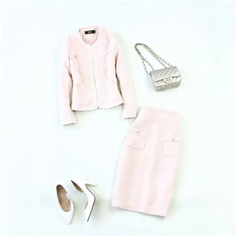 

Fashion suit female winter / spring New high quality large size woolen tweed Pink small jacket + bag hip skirt suit women