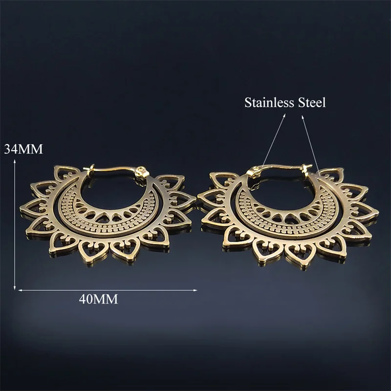 India Gypsy Tribal Ethnic Mandala Stainless Steel Earrings Women Gold Color Lotus Flower Hoop Earrings Jewelry aretes E9354S01