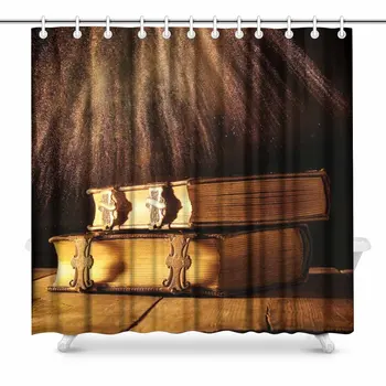 

Fantasy Gothic Medieval Antique Books with Brass Clasps on Old Wooden Table Home Decor Waterproof Polyester Fabric Shower