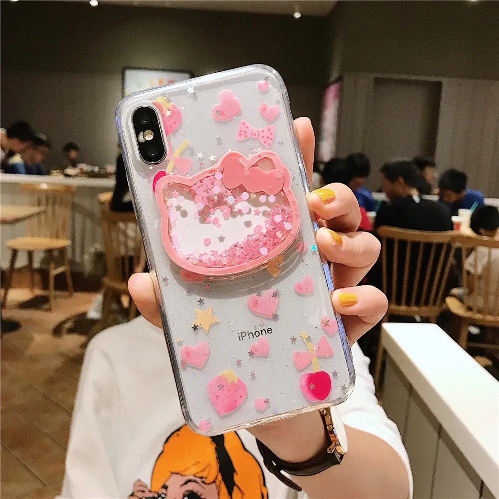 Милый розовый чехол для телефона с блестками Hello kitty из ТПУ с блестками для iPhone 6S 7 8 Plus X XR XS MAX love heart сыпучий песок украшение лазерный чехол