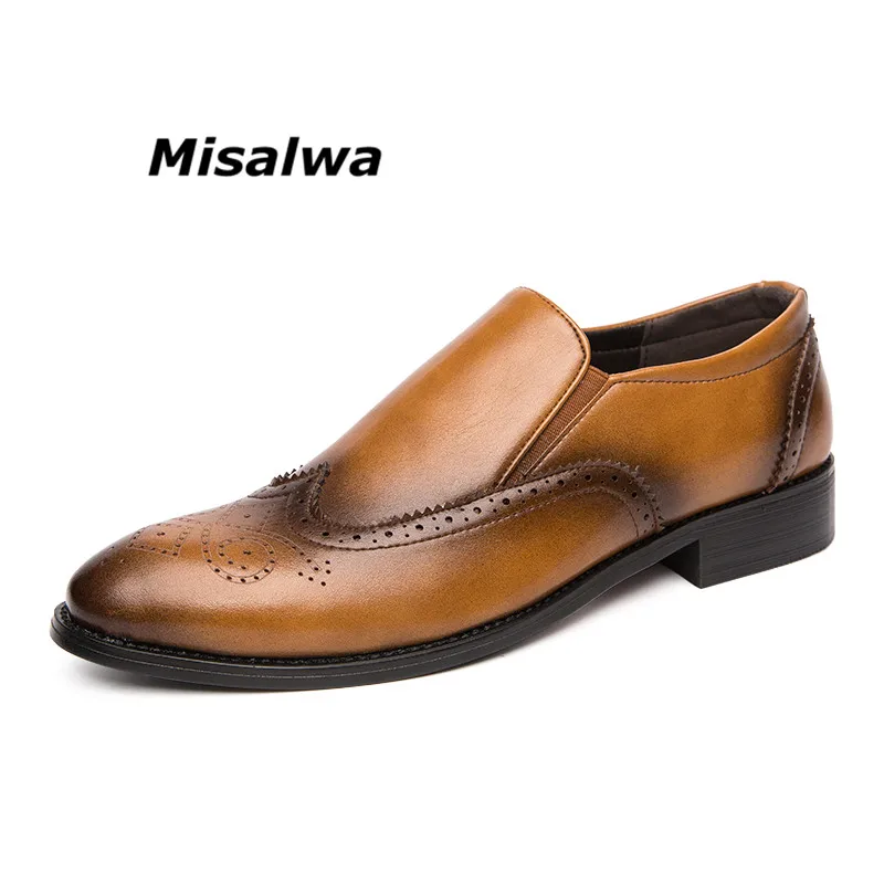 

Misalwa Retro Bullock Mens Pointed Toe Dress Shoes Gold Oxfords Leather British Designer Wedding Men Formal Shoes Drop Shipping