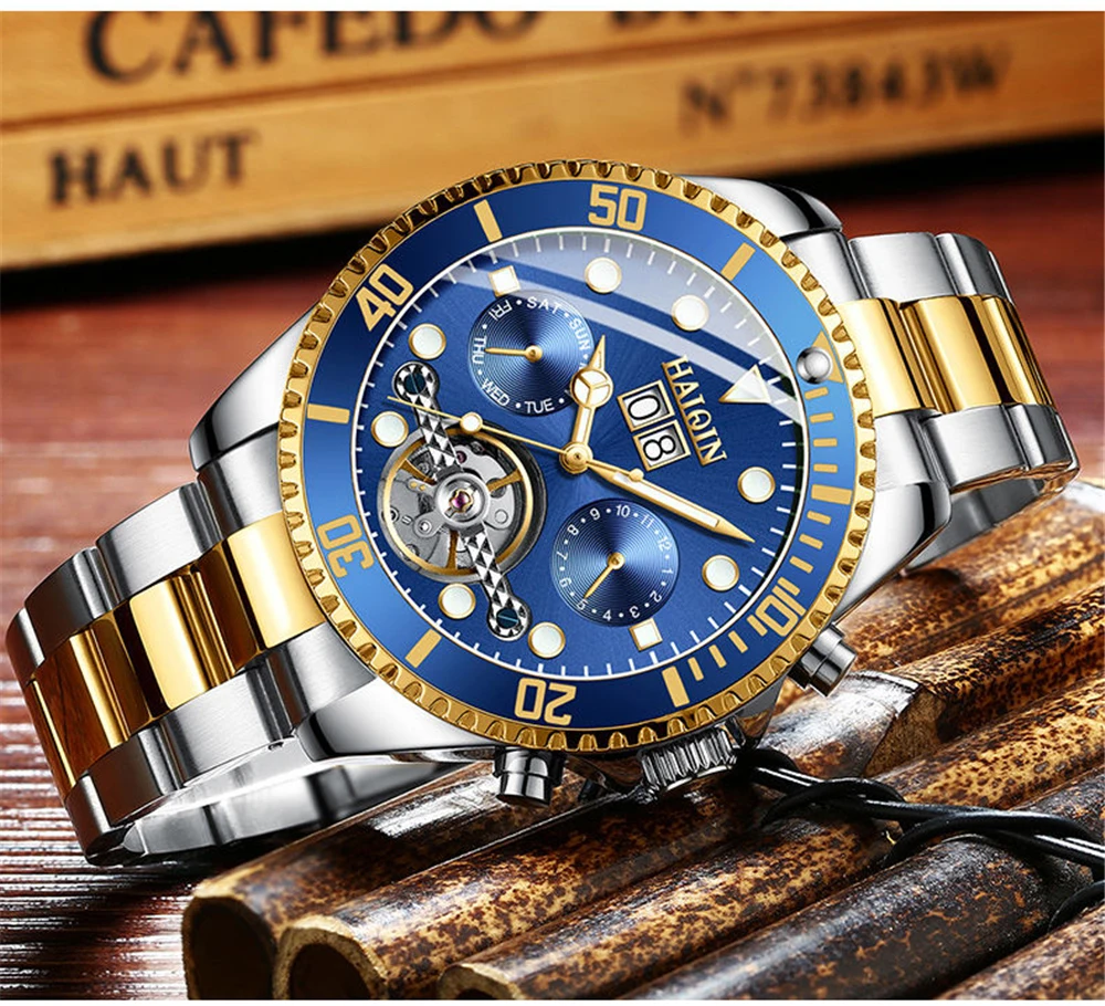 HAIQIN часы Мужские автоматические Турбийон Механические Роскошные военные наручные часы мужские спортивные золотые синие часы Relogio Masculino