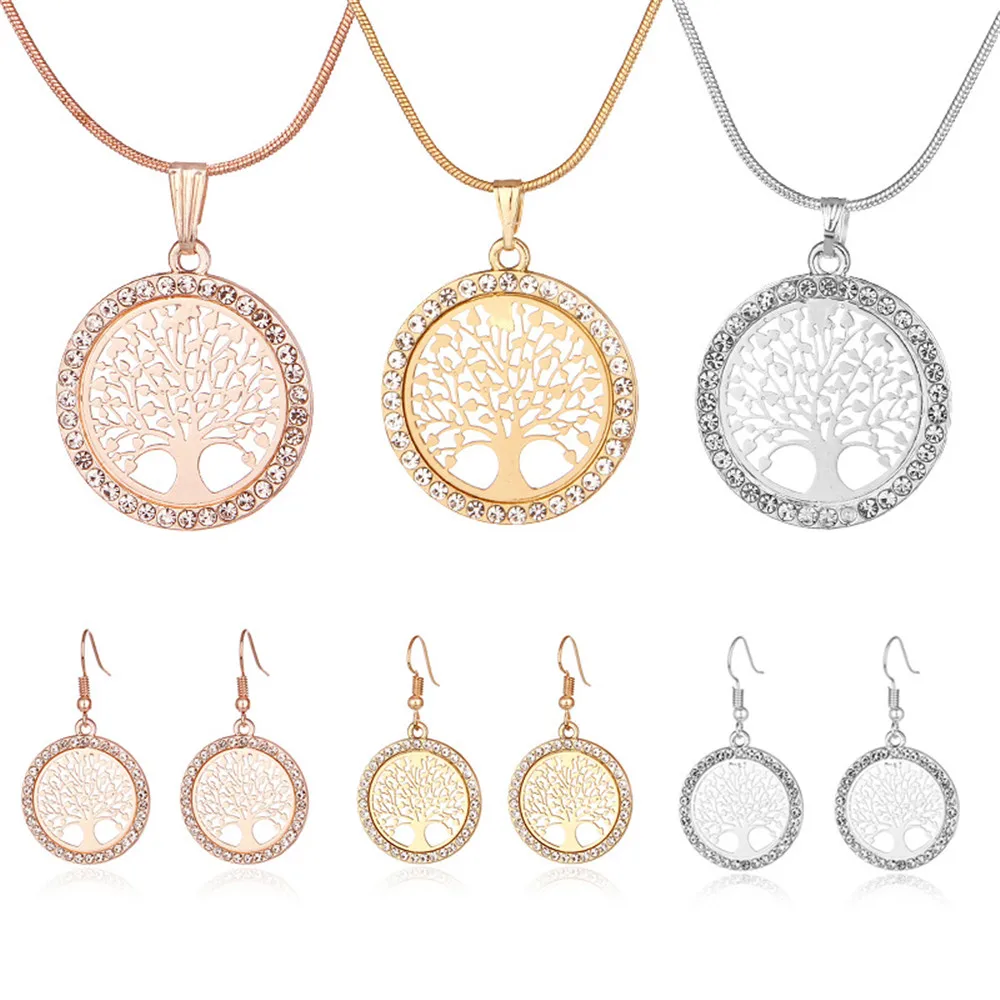 Small Pendant Necklace Jewelry Crystal Round Hot-Tree-Of-Life Gifts Women Collier 3-Colors