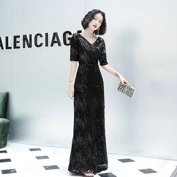 

Exquisite Female Trumpet Evening Party Dress Elegant Sequins Black Qipao Sexy Slim Large Size 3XL Cheongsam Vestidos