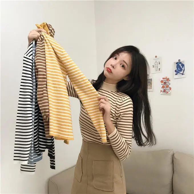 

Half-high collar striped sweater women's long sleeve spring and autumn 2020 new slim fit pullover sweater base shirt top