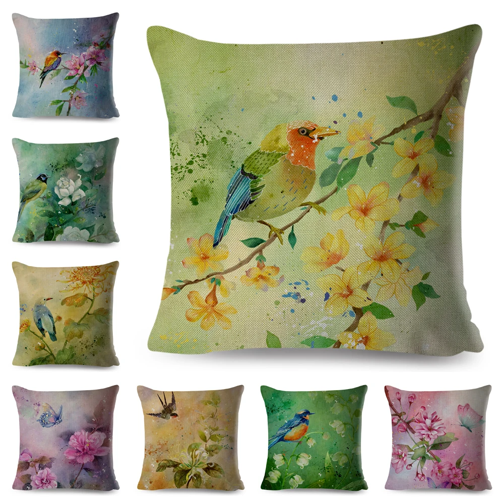 

Watercolor Flower and Birds Cushion Cover for Sofa Home Car Colorful Floral Animal Pillowcase Polyester Pillow Case 45x45cm