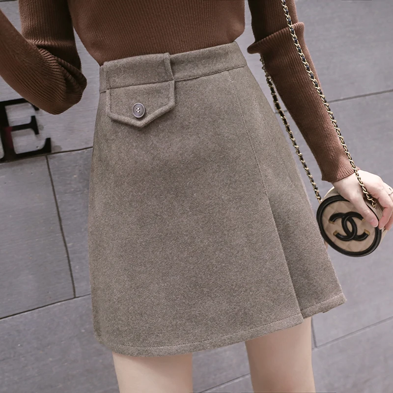 Модная шерстяная юбка для женщин Осень Зима Винтаж теплая линия Высокая талия мини юбки женские шерстяные короткие юбки Faldas