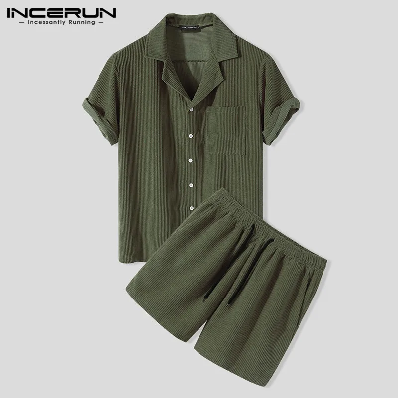 Moda para hombres, conjuntos sólidos, camisas de manga corta de solapa INCERUN, pantalones cortos con cordón, trajes de ocio, trajes Curduroy Vinatge, conjuntos para hombres, S-5XL
