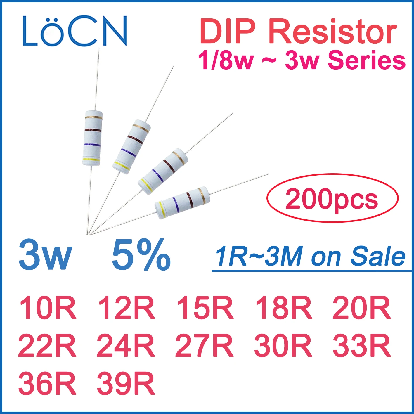 

200pcs 5% 3W Carbon Film Resistor DIP 10R 12R 15R 18R 20R 22R 24R 27R 30R 33R 36R 39R OHM Color ring 1R~3M 1w 2w 1/4w 1/2w