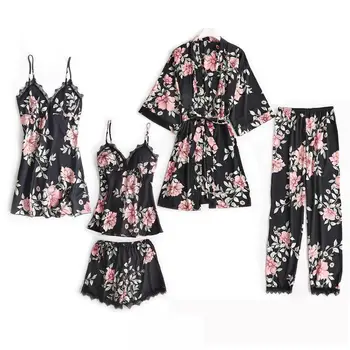 

5PCS Japanese Ladies Satin Pink Pajamas Set Spring Lace Decoration Sleepwear Set Floral Nightshirt Casual Homewear Underwear Set