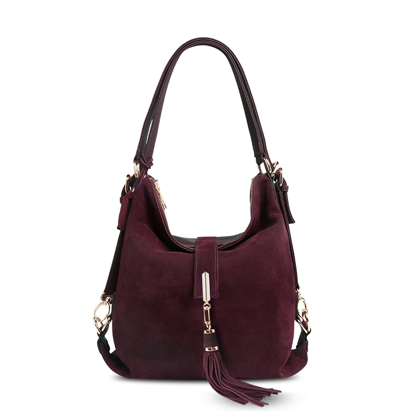 Women Real Split Suede Leather Shoulder Bag Female Leisure Nubuck Casual Handbag Hobo Messenger Top-handle bags - Цвет: Dark purple