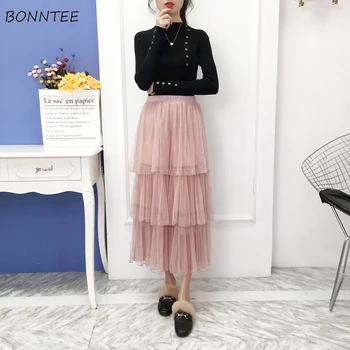 

Skirts Women 2020 New Trendy Solid Mesh Korean Style Womens High Waist Cupcake 2020 Pleated All-match Daily Females Hot Sale