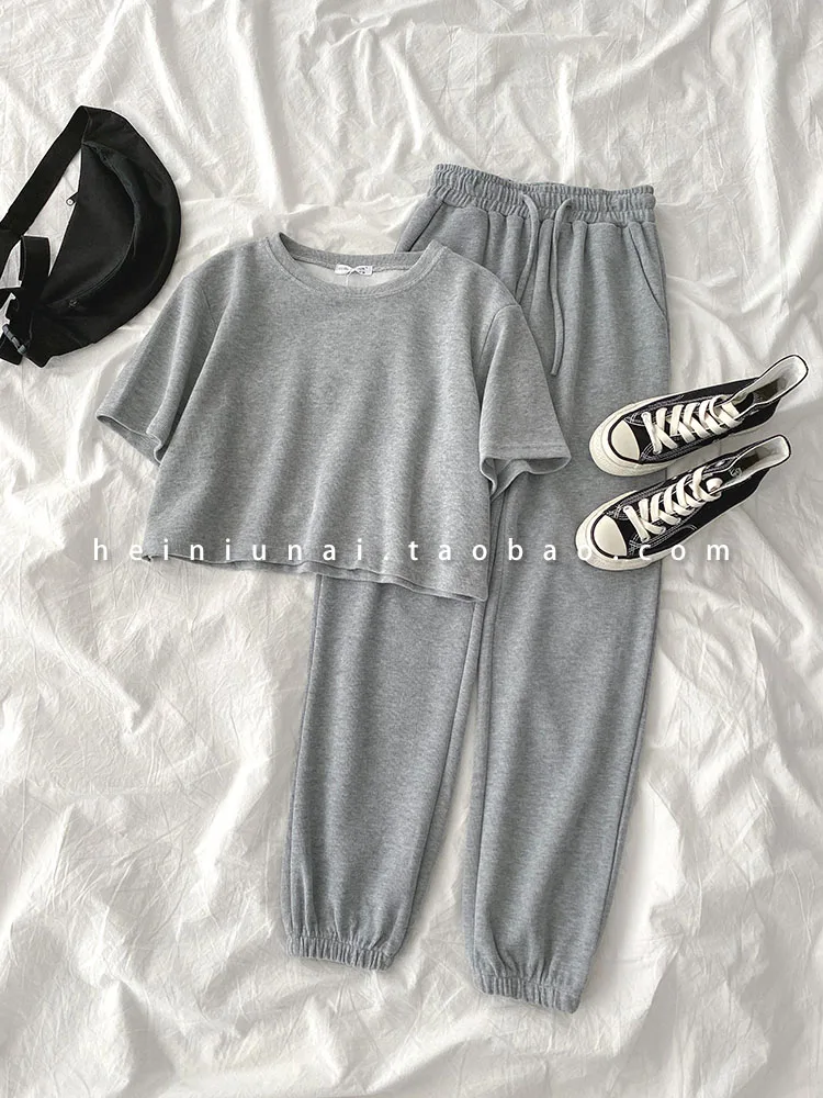 Casual Student Two-piece Suit Summer Women Tracksuit Fashion Short Top+High Waist Harem Ankle Length Pant For Height Under 165cm