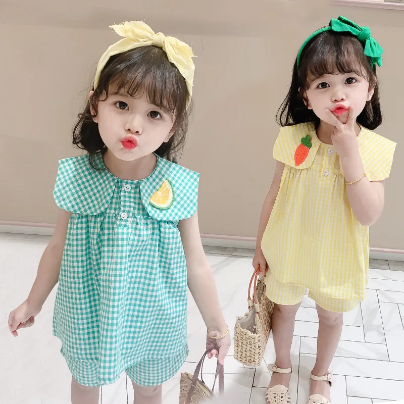 

2020 Children's Summer New Fruit Plaid Suit Western Style Sleeveless Children's Clothing Two-Piece Fashion kids clothes girls