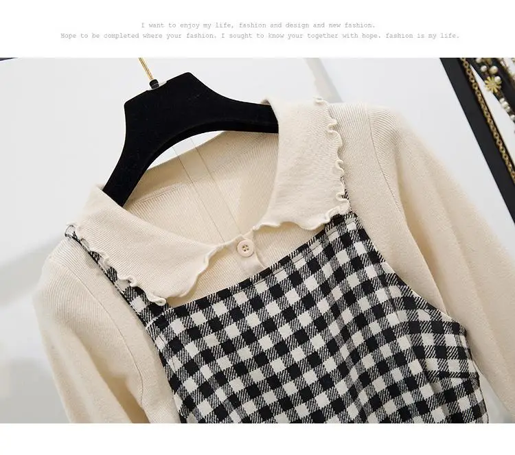 ICHOIX/женский комплект 2 шт.; повседневное длинное платье в клетку; вязаный свитер; 2 предмета; корейские костюмы; комплект зимней одежды из 2 предметов для студентов