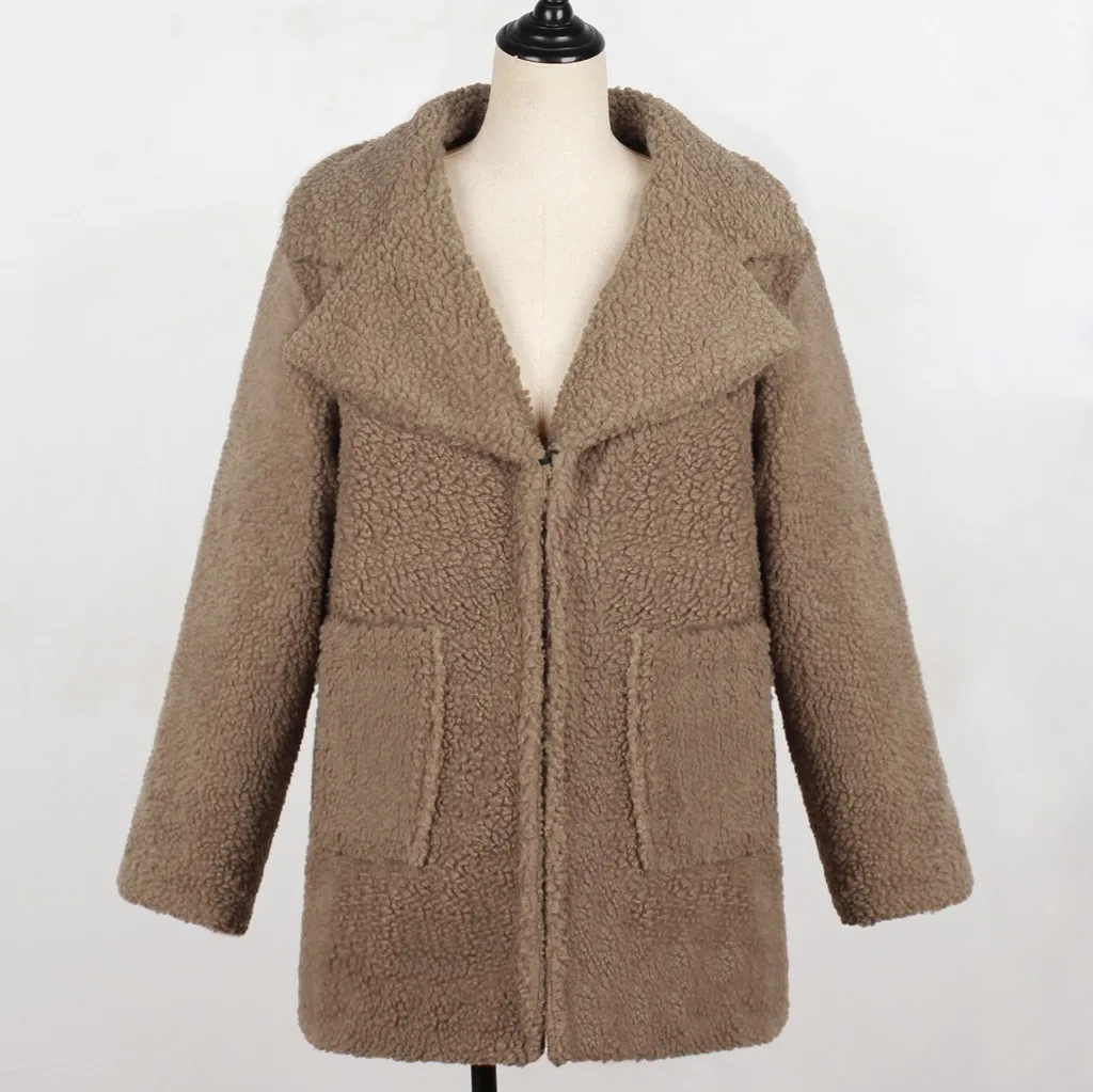Меховое пальто, Женское зимнее пальто, большие размеры, Толстая теплая Искусственная овчина, длинная куртка, Женское пальто, зимнее модное однотонное пальто E2
