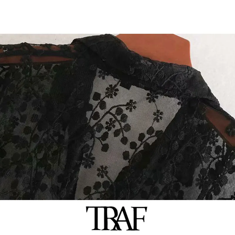 TRAF, женское винтажное шикарное Сетчатое платье-рубашка миди с цветочной вышивкой, Модные прозрачные женские платья с длинным рукавом, vestidos mujer