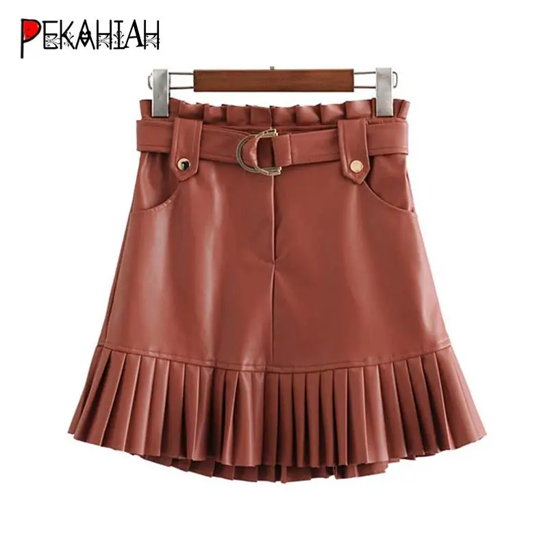 women chic PU leather skirt women ruffles skirt bow tie sashes pockets zipper pleated skirt female mini skirts mujer