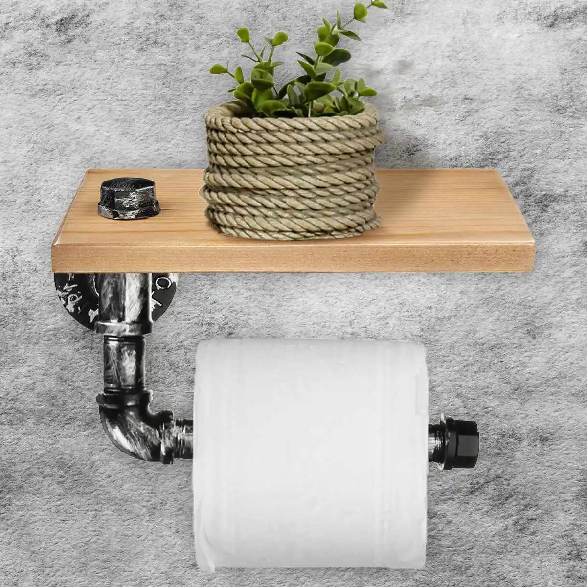 Paper Towel Holder With Shelf Iron Pipe Wall Mount Paper Holder Rack Wood Shelf Bathroom Toilet Towel Tissue Paper Holder