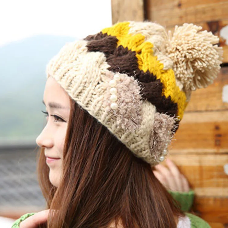 

New Style Cute Autumn And Winter Hat Women's Korean-style ma hua qiu Ball Cap Bow Pearl Knitted Hat