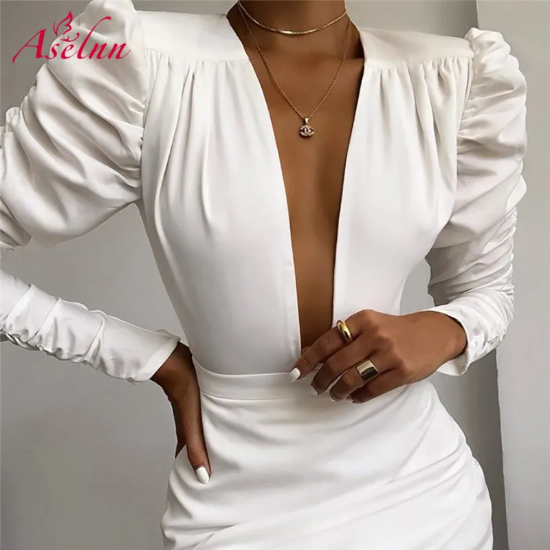Aselnn 2020 Spring Women Sexy Deep V-neck Dress Ladies White Puff Long Sleeve Slim Mini Party Dresses | Женская одежда