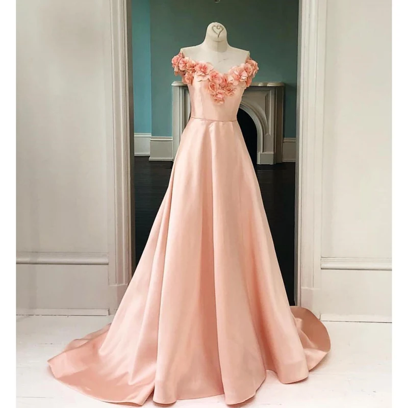 

HWTX_Bridal Elegant Long Prom Dresses with 3D Flowers Off the Shoulder Customize A-Line Satin 2020 New Formal Party Evening Gown