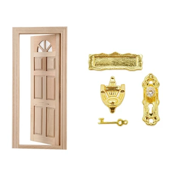 

Doll House Miniature Unpainted Wooden Exterior Single Door 6-Panel Flat Top Wood Color & 1:12 Miniature Gold Door Ring Lock Door