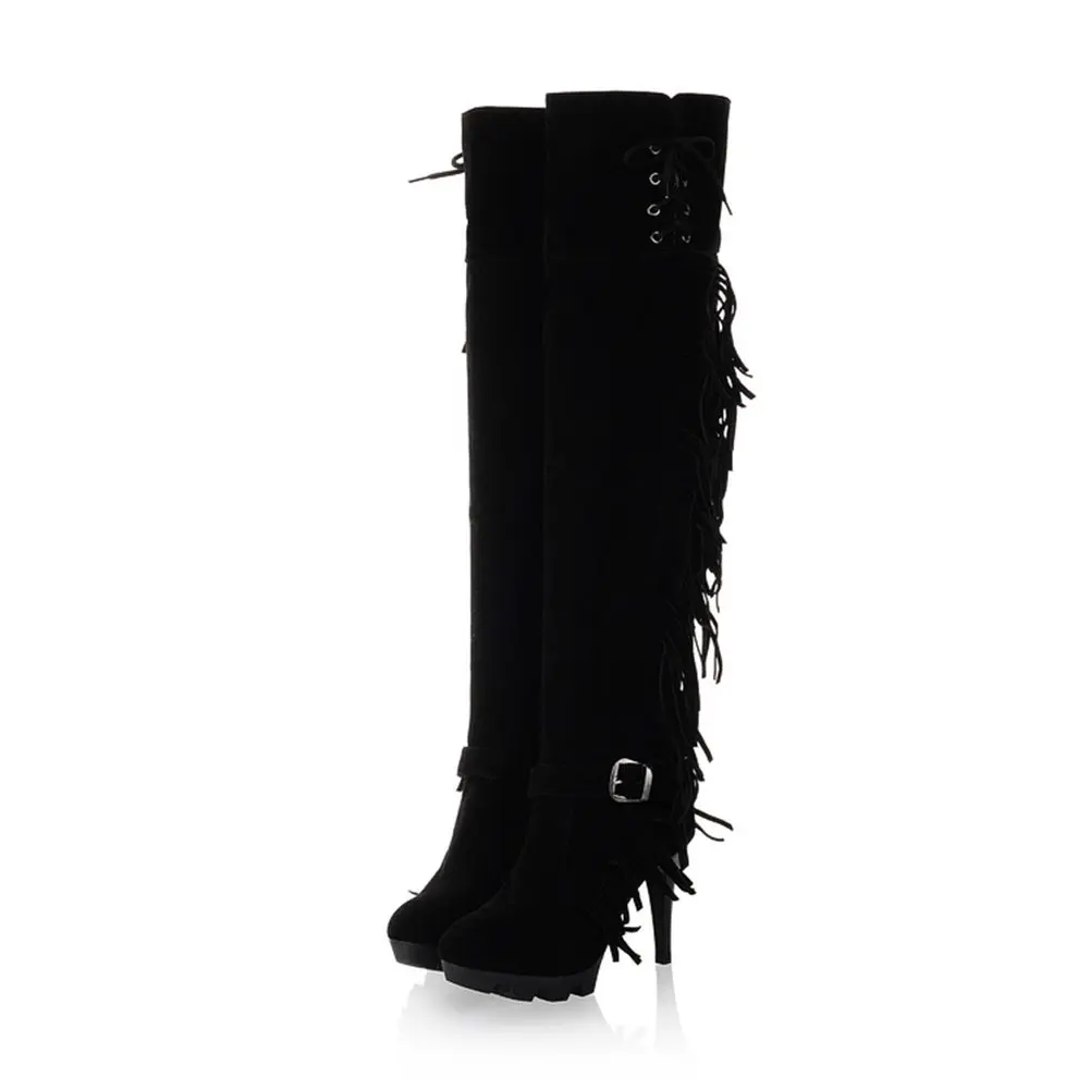 LAPOLAKA/; Прямая поставка; Классические Вечерние сапоги в стиле ретро на высоком каблуке с бахромой; женская обувь; женская зимняя обувь; сапоги до колена - Цвет: Черный