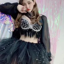 Сексуальный белый жемчуг стразы бахрома черный бюстгальтер с перьями юбка комплект бар Пром для женщин певица наряд вечернее DS танцевальный наряд