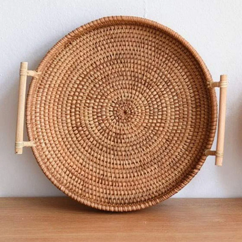 Rattan Storage Tray Round Basket with Handle Hand-Woven Rattan Tray Wicker 