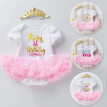 

Lace Brithday Tutu Dress Newborn Infant Baby Girls Birthday Letter Print Tulle Boho Romper Dress Clothes Baby Headband Kids