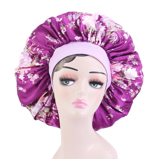 New Women Big Size Beauty print Satin Silky Bonnet Sleep Night Cap Head Cover Bonnet Hat for For Curly Springy Hair Black 408E purple flower