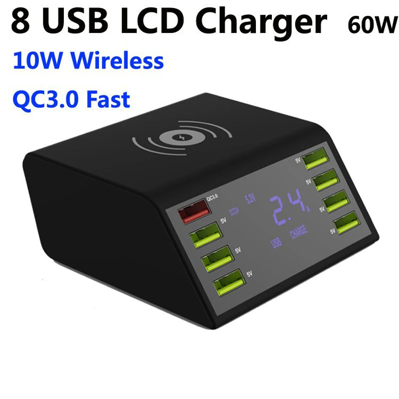 LCD Display QC 3.0 Fast Charger Station Dock 8 Port 10W Wireless Charger For Mobile Tablet Smart Device US EU UK AU Plug