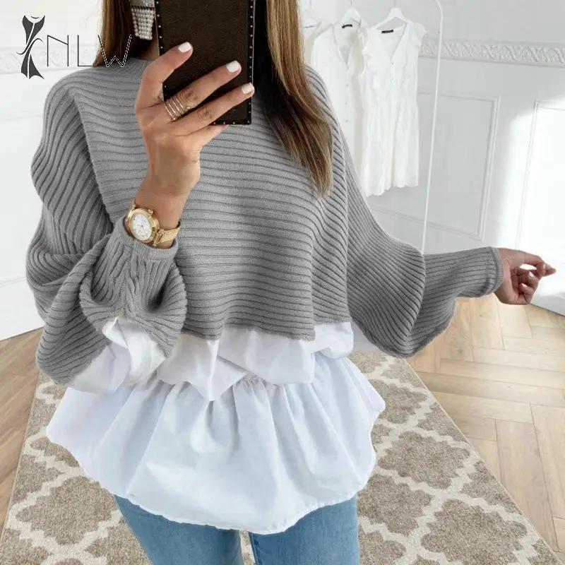 Винтажный свитер с баской и рукавами-фонариками, Женский Повседневный свитер в стиле пэчворк, джемпер, модные пуловеры на осень и зиму