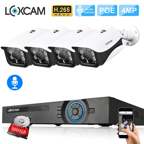 LOXCAM H.265+ система камеры безопасности 5MP POE NVR комплект 4MP аудио запись уличная Антивандальная POE ip-камера комплект видеонаблюдения - Цвет: 4CH NVR x 4 Camera