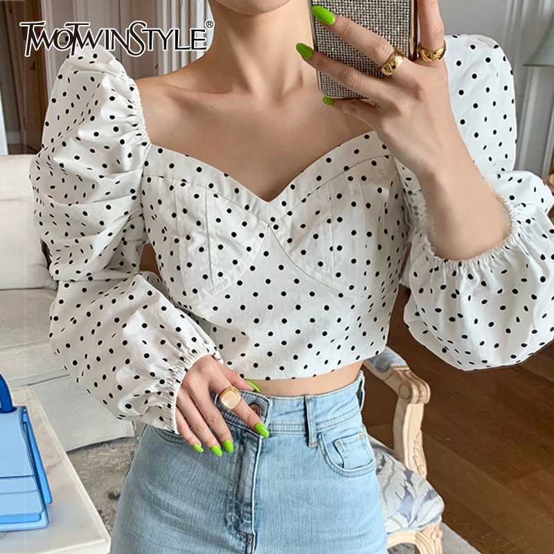 

TWOTWINSTYLE Polka Dot V Neck Casual Women's Blouse Puff Sleeve Backless Short Sexy Female Shirt Summer Fashion New 2019