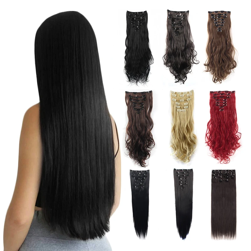 

Lelinta 18"/24" Straight/Wavy Curled Natural Black Clip In Hair Extensions Thick Full Head Long 8 Pieces 18 Clips Soft Silky
