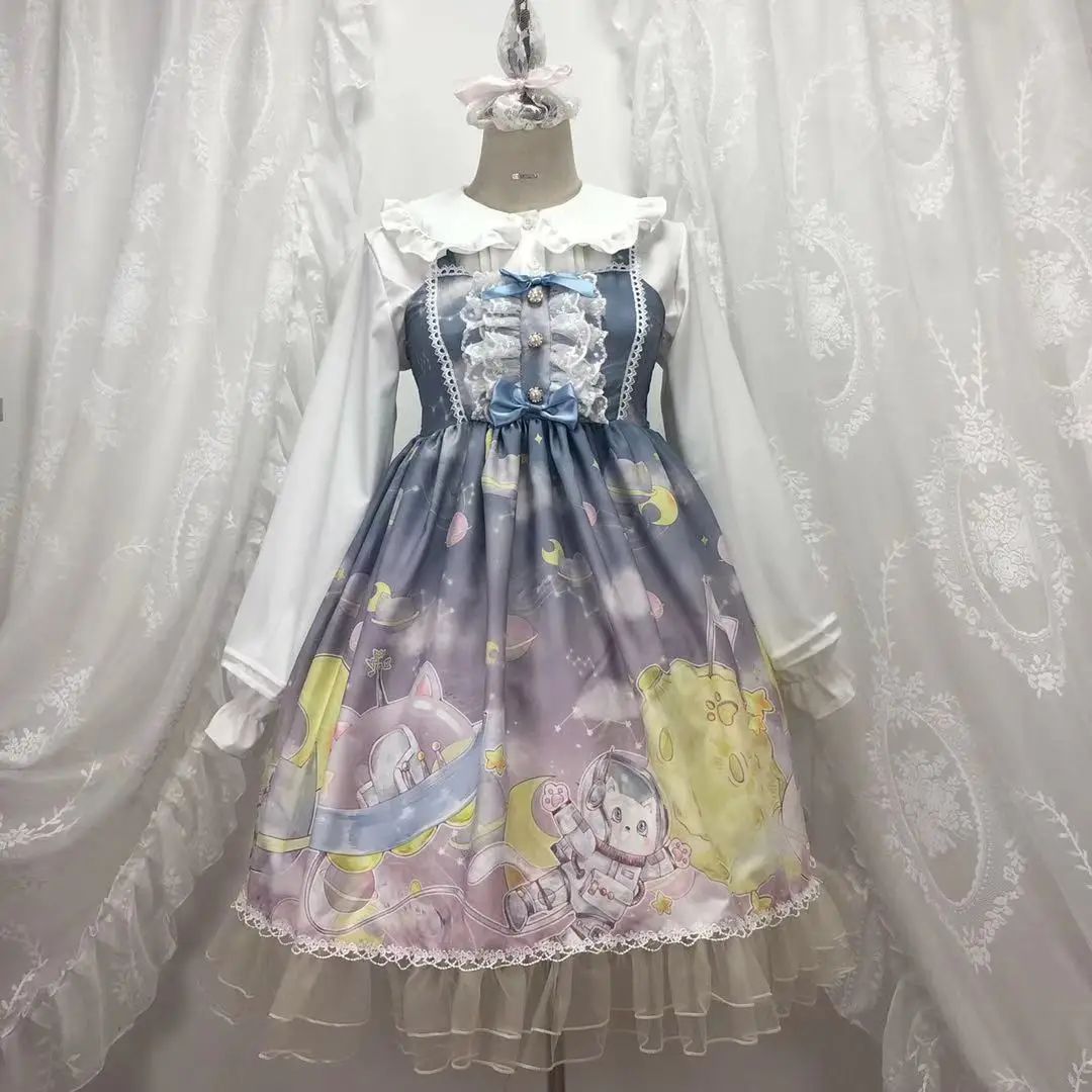 Платье в стиле Лолиты для девочек с изображением космонавта кота; платье принцессы без рукавов; цельнокроеное платье с бантом и отделкой; 4 цвета