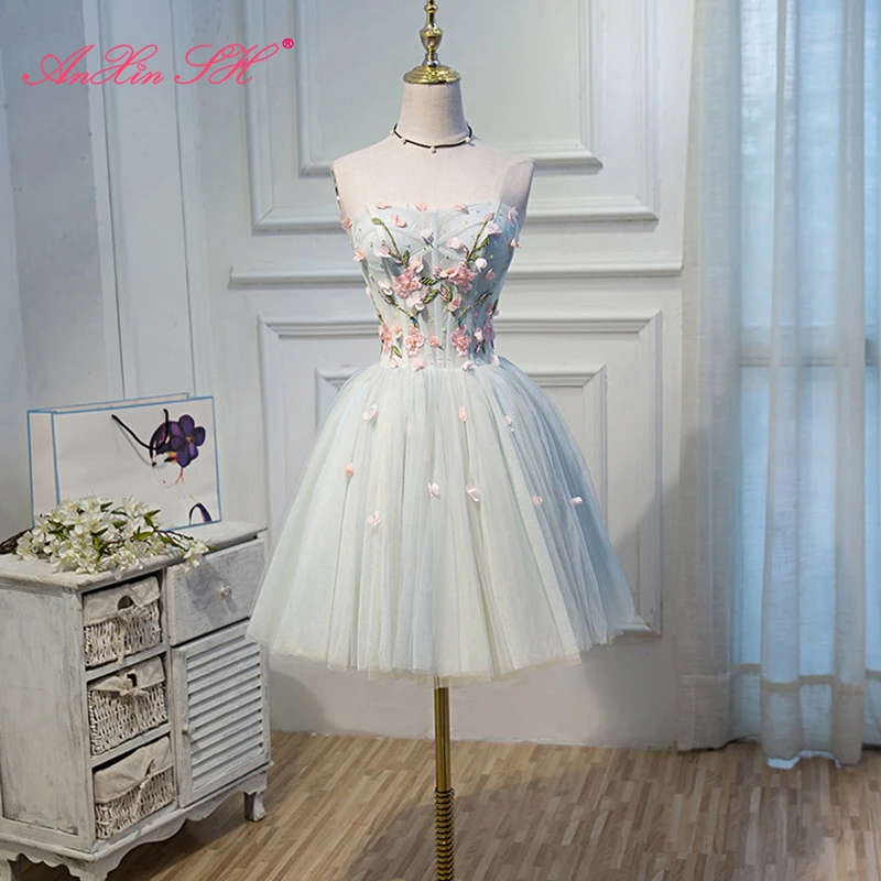 

AnXin SH Small pink flower party Korean elegant fragrant short sweet princess blue lace short evening dress little white dress