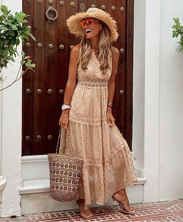 

Summer Sexy Female Deep V Neck Sleeveless Chiffon Dress Solid Color Mid-Length Women Stitching Beach Dress 2022 New