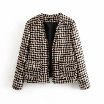 

Fashion tweed houndstooth suit blazer Women Stylish V neck long sleeve pockets tassels coats female office wear chic tops