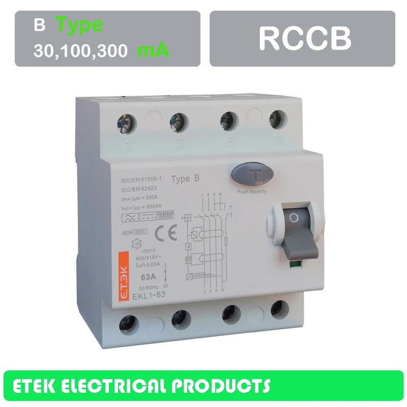 RCCB EKL1-63 4P B Тип 400/415 В~ 50 Гц/60 Гц УЗО постоянного тока 16A 25A 32A 40A 50A 63A 80A