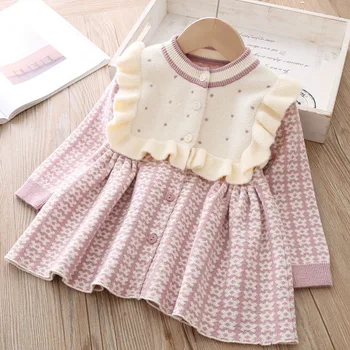 

QAZIQILANDSweet Winter Autumn Girls Princess Kids Children Baby Infants Knitting Dress Ruffles Long Sleeve Knit Knitwear Dresses
